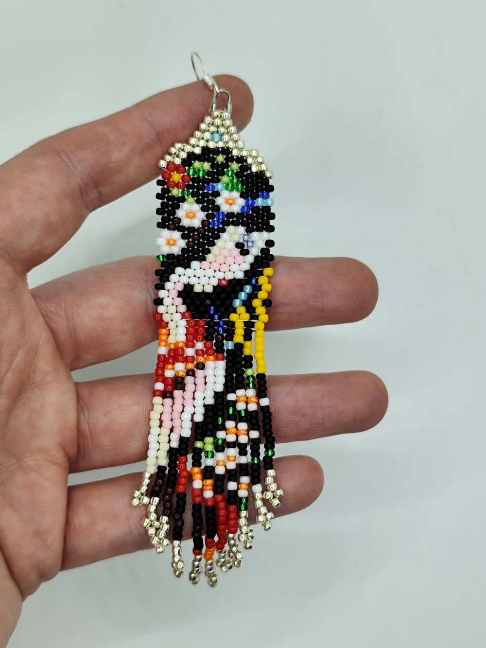 Handmade Multicolor Beaded Fringe Earrings — Bird Motif